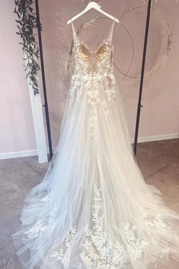 Long A-Line Appliques Lace Spaghetti Straps Sweetheart Tulle Wedding Dresses - Image 2