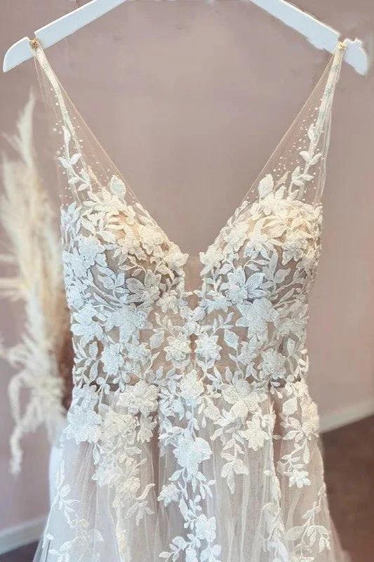 Long A-Line Appliques Lace Spaghetti Straps Sweetheart Tulle Wedding Dresses - Image 3