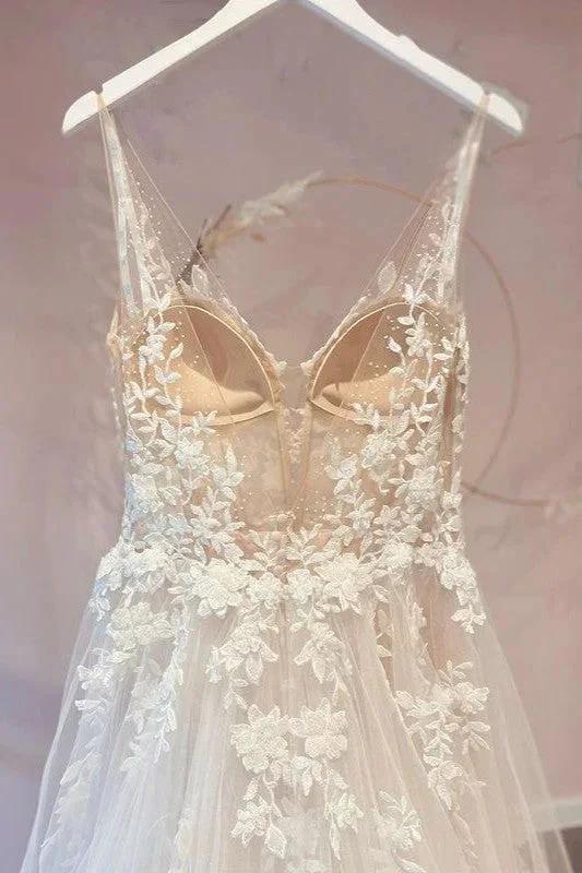 Long A-Line Appliques Lace Spaghetti Straps Sweetheart Tulle Wedding Dresses - Image 4