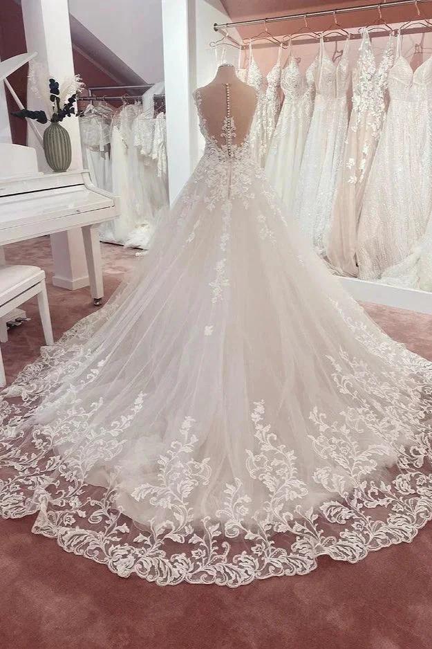 Long A-Line Appliques Lace Sweetheart Tulle Wedding Dress - Image 2