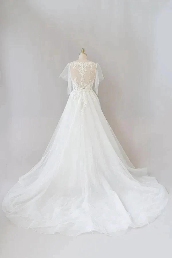 Long A-line Appliques Lace Tulle Wedding Dress with Sleeves - Image 2