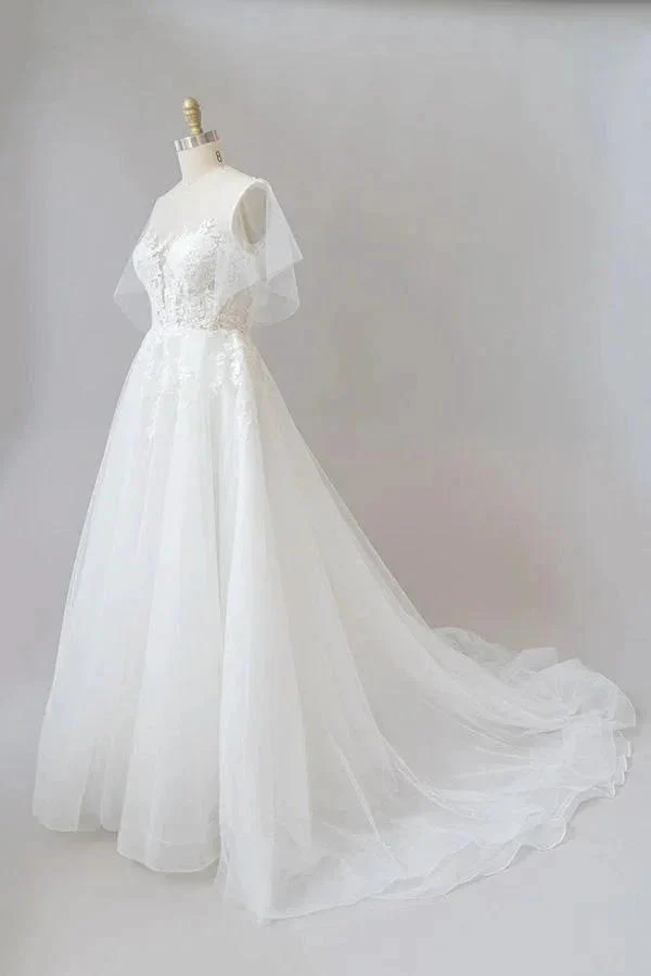 Long A-line Appliques Lace Tulle Wedding Dress with Sleeves - Image 3