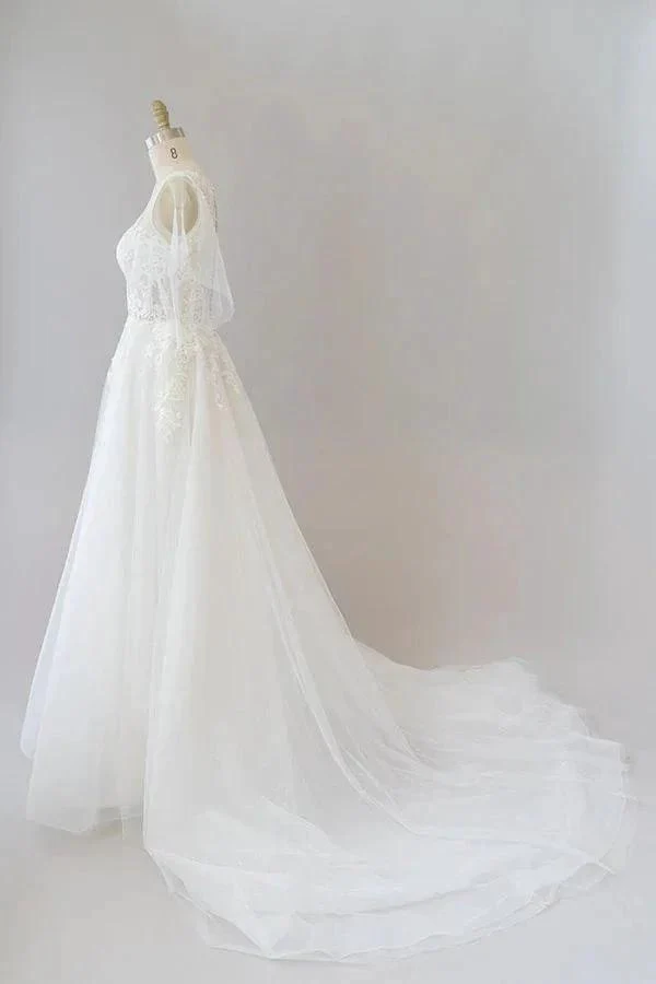 Long A-line Appliques Lace Tulle Wedding Dress with Sleeves - Image 4