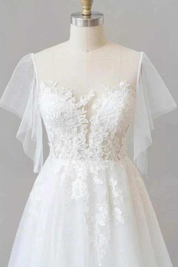 Long A-line Appliques Lace Tulle Wedding Dress with Sleeves - Image 5