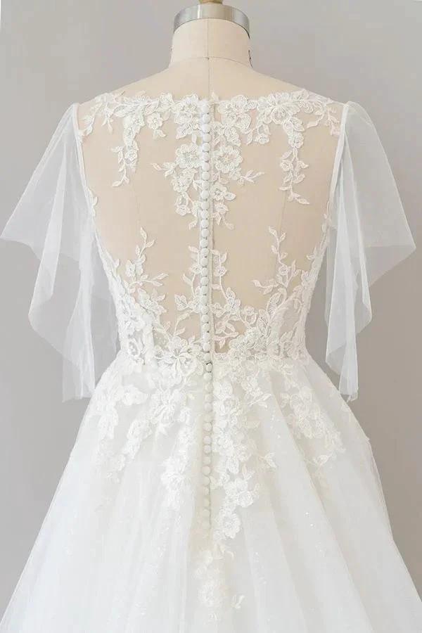 Long A-line Appliques Lace Tulle Wedding Dress with Sleeves - Image 7