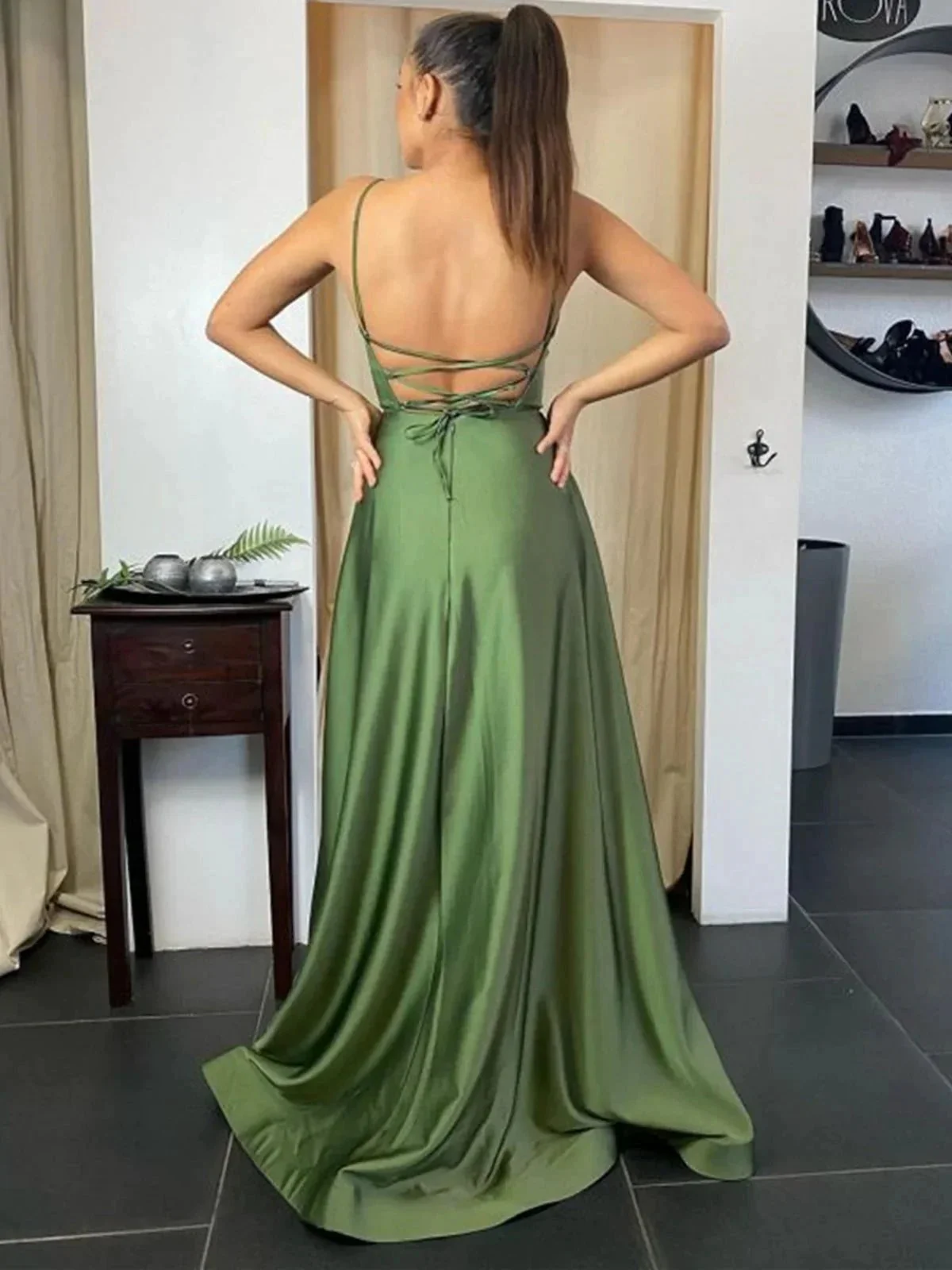 Long A-line Backless Prom Dress with Slit Formal Graduation Evening Dresses with Pockets - Image 2