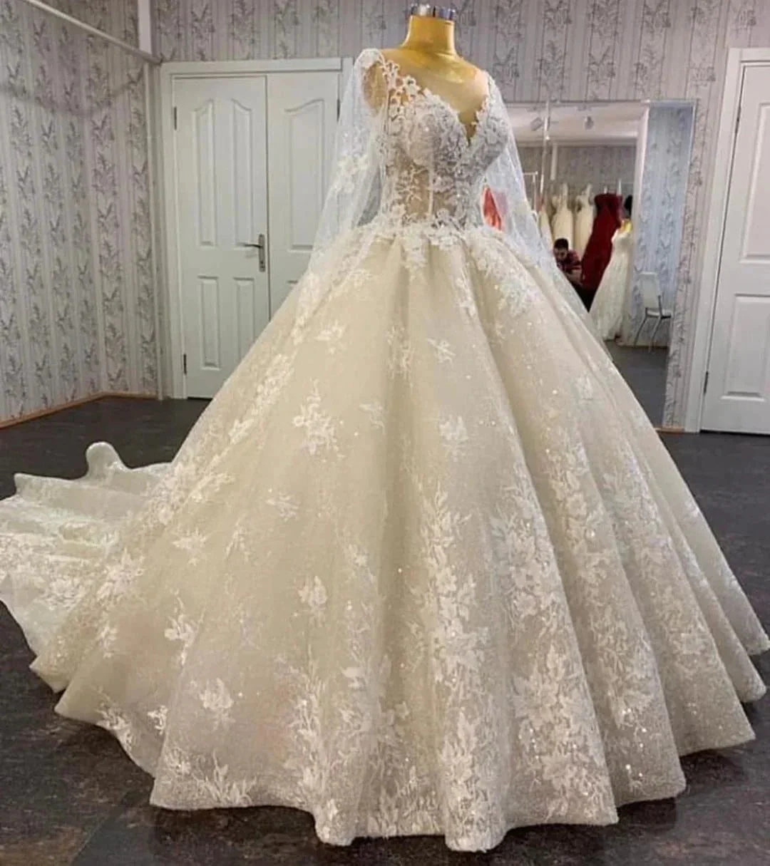 Long A-line Bateau Appliques Lace Sequins Tulle Wedding Dress - Image 2