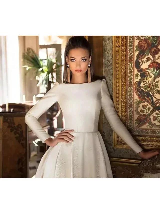 Long A-Line Bateau Neck Court Train Polyester Backless Wedding Dresses with Sleeves - Image 2