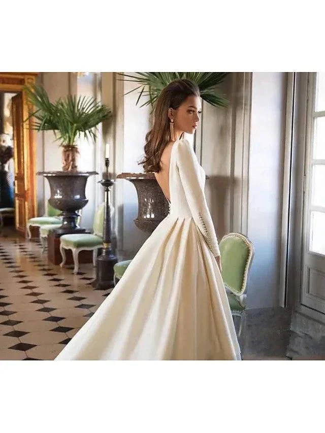 Long A-Line Bateau Neck Court Train Polyester Backless Wedding Dresses with Sleeves - Image 3