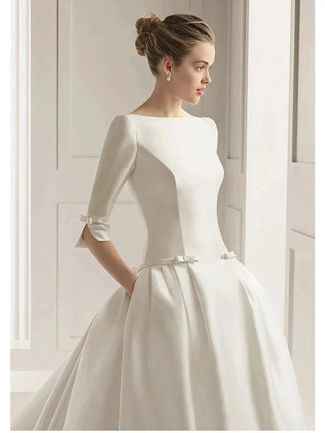 Long A-Line Bateau Neck Polyester Half Sleeve Backless Wedding Dresses with Pockets - Image 2
