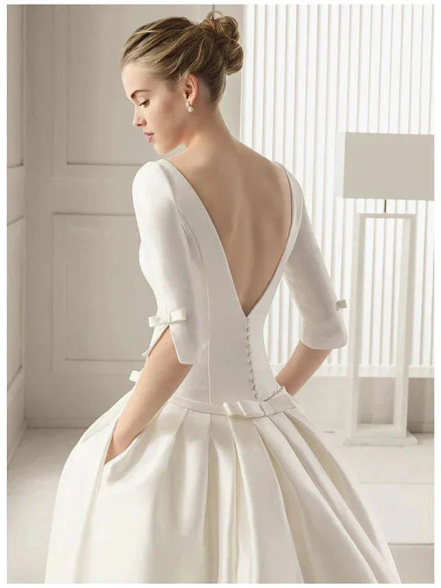 Long A-Line Bateau Neck Polyester Half Sleeve Backless Wedding Dresses with Pockets - Image 3