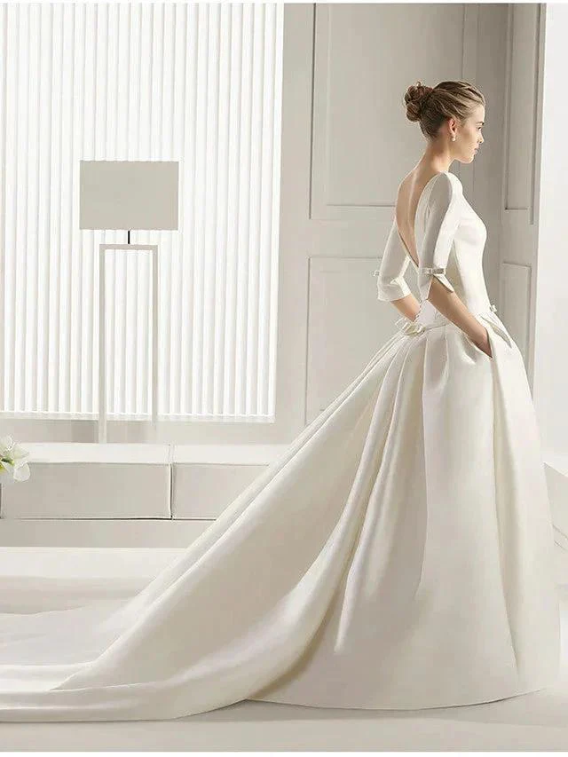 Long A-Line Bateau Neck Polyester Half Sleeve Backless Wedding Dresses with Pockets - Image 4