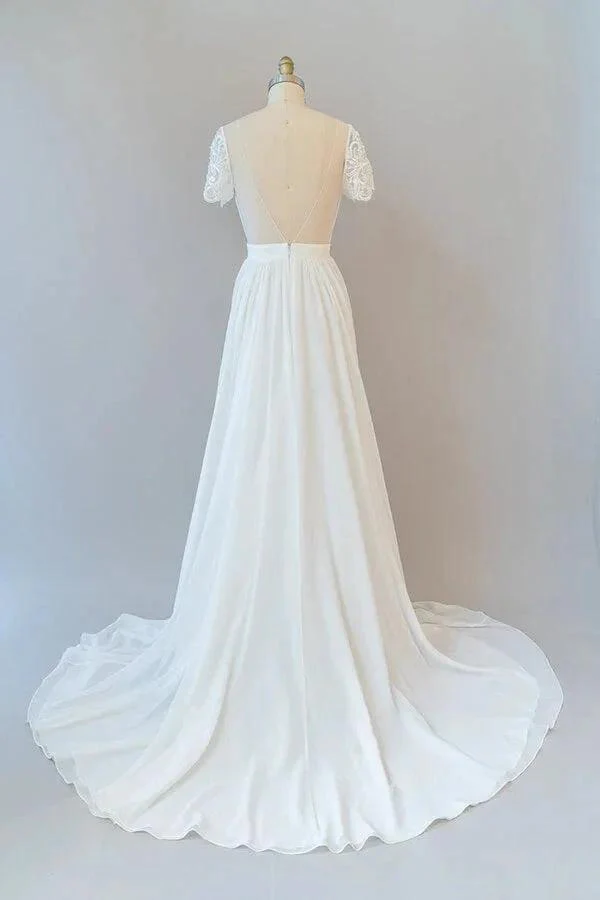 Long A-line Chiffon Backless Wedding Dress with Sleeves - Image 2