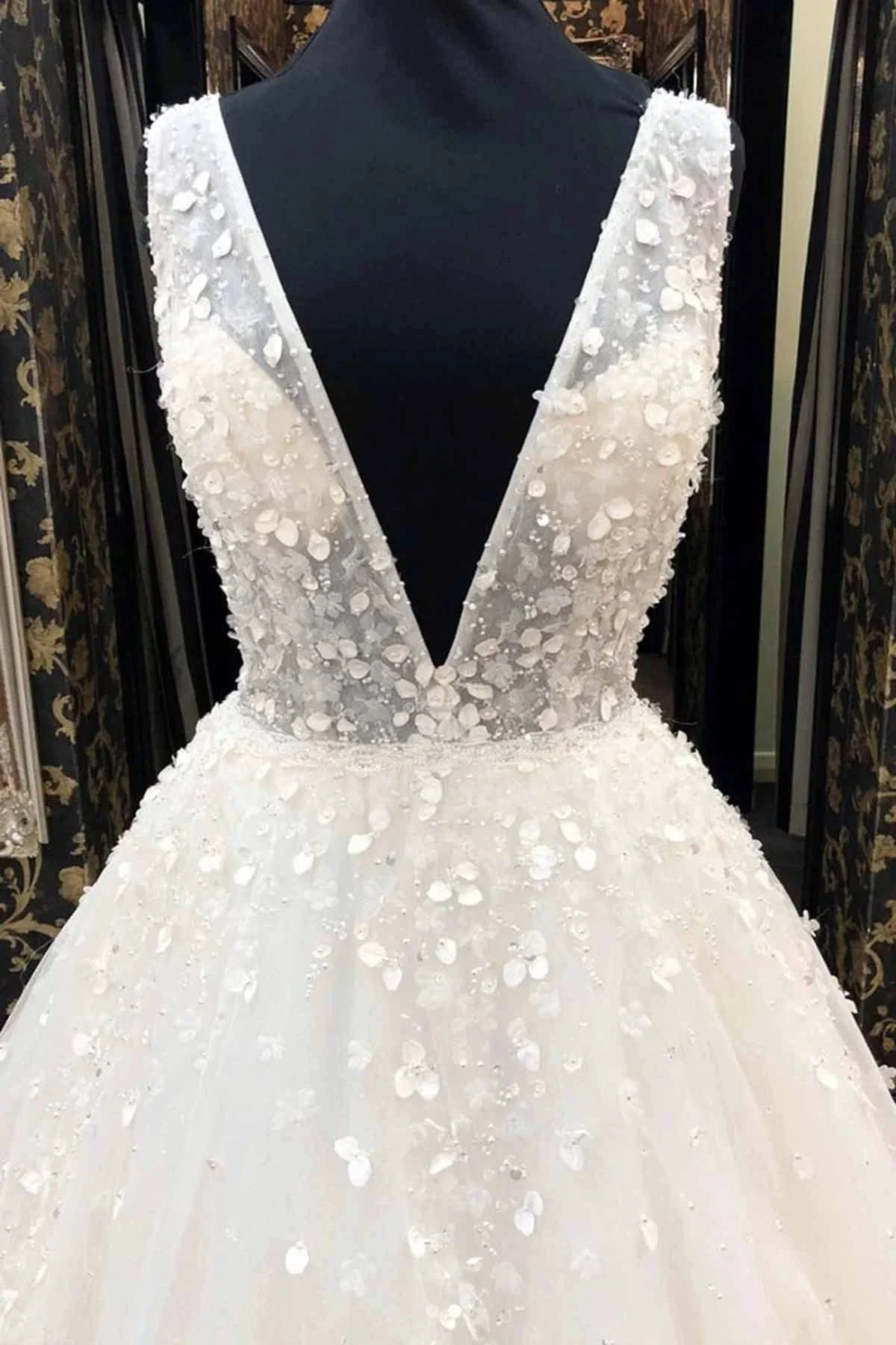 Long A-Line Deep V Neck Tulle Wedding Dress - Image 2