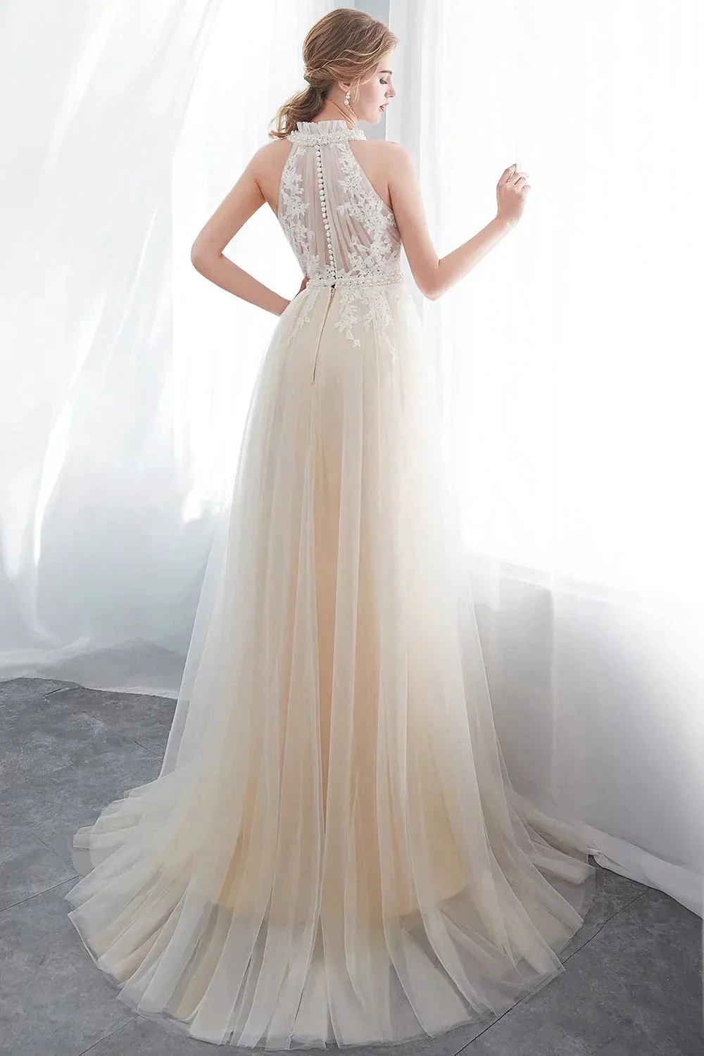 Long A-line Halter Appliques Lace Tulle Evening Dresses - Image 2