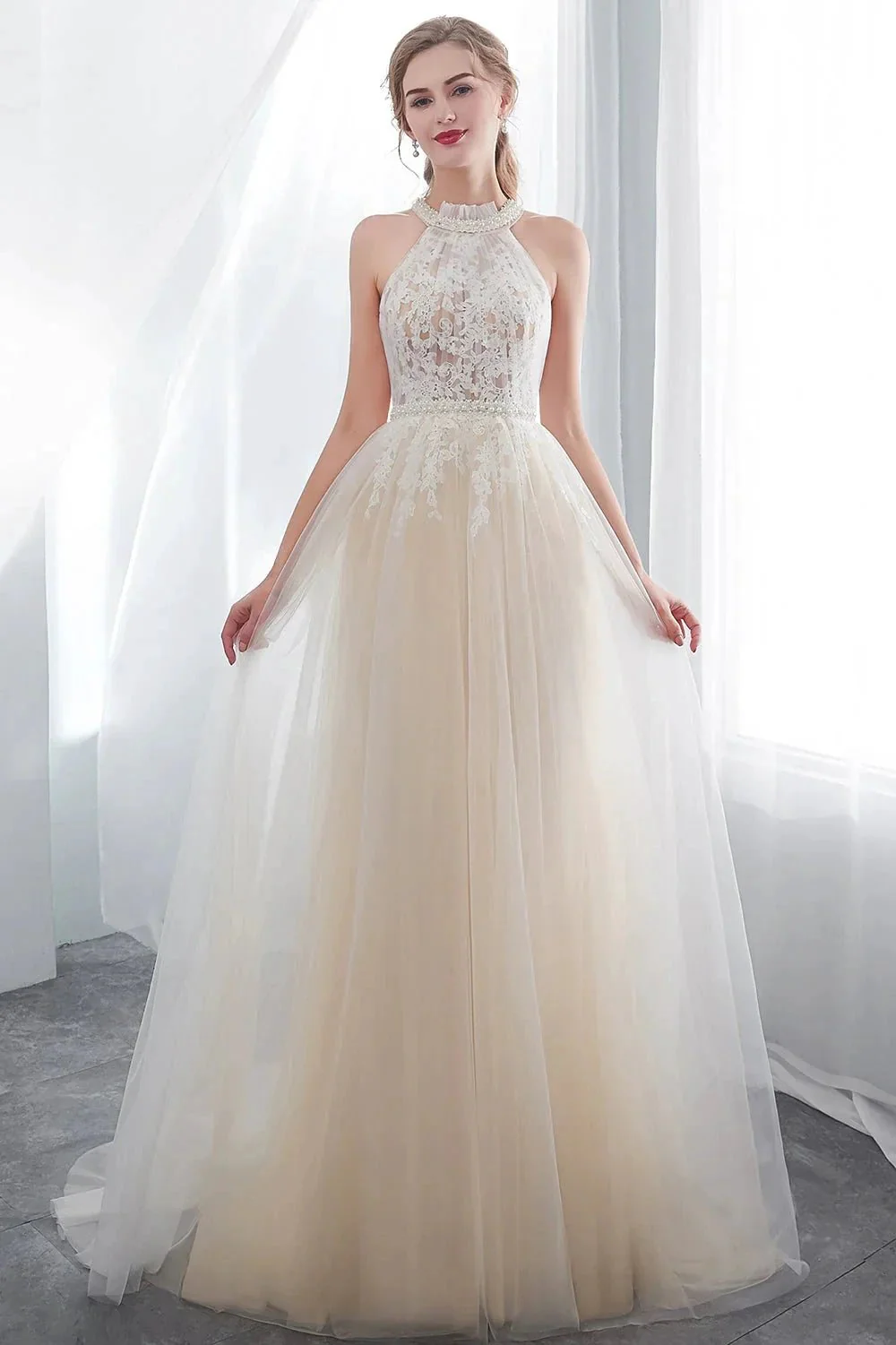 Long A-line Halter Appliques Lace Tulle Evening Dresses - Image 3