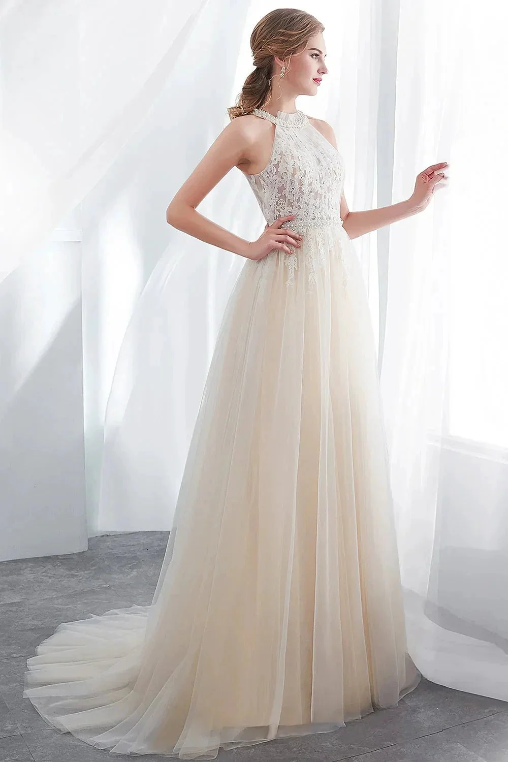 Long A-line Halter Appliques Lace Tulle Evening Dresses - Image 5