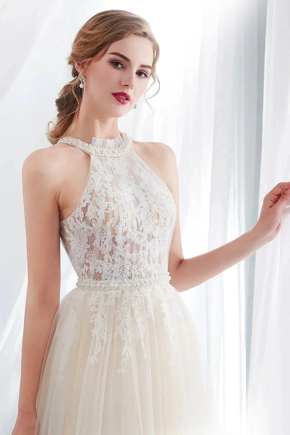 Long A-line Halter Appliques Lace Tulle Evening Dresses - Image 6