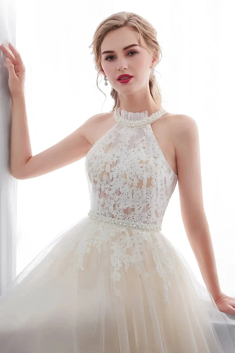 Long A-line Halter Appliques Lace Tulle Evening Dresses - Image 7