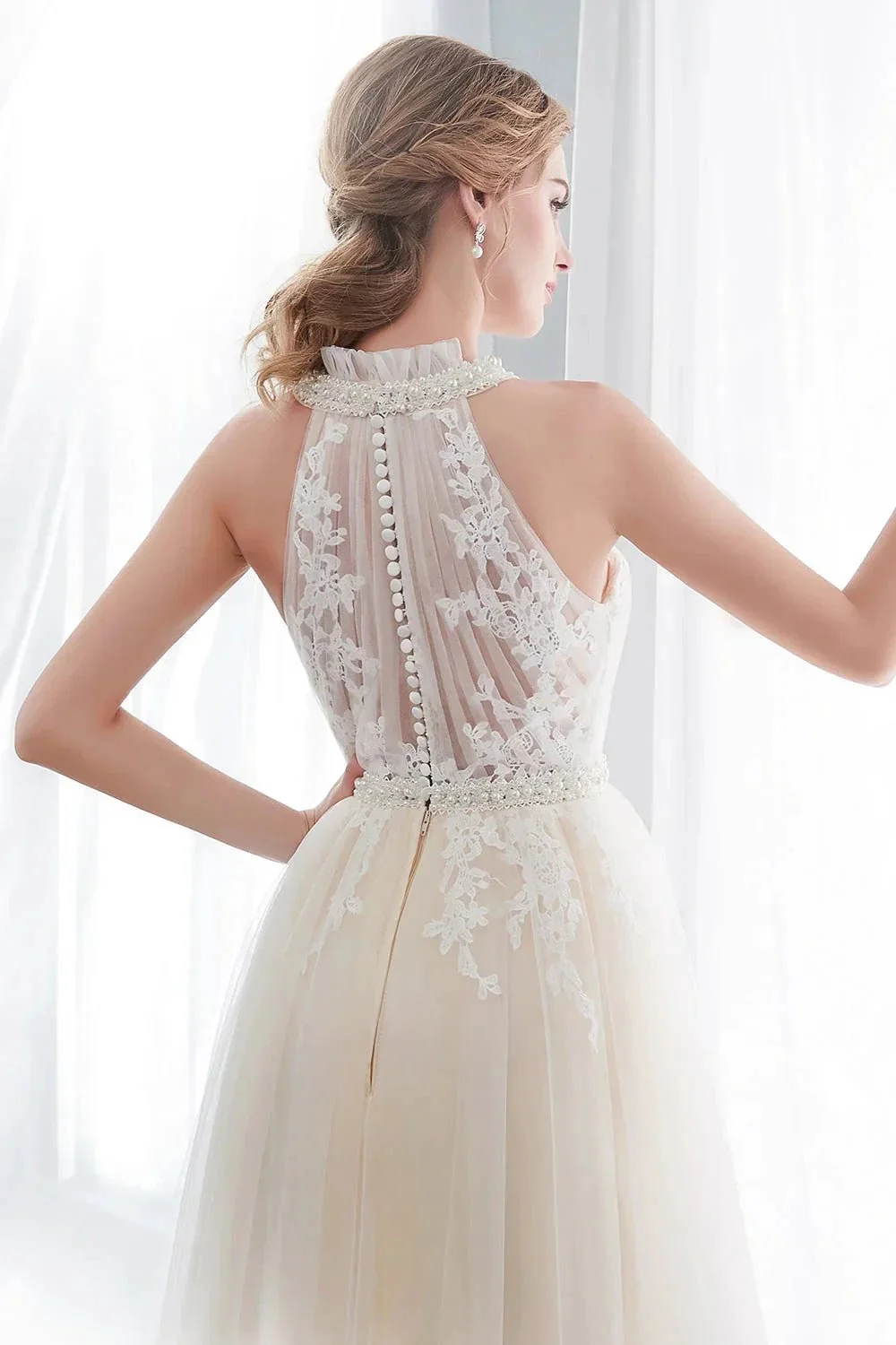Long A-line Halter Appliques Lace Tulle Evening Dresses - Image 8