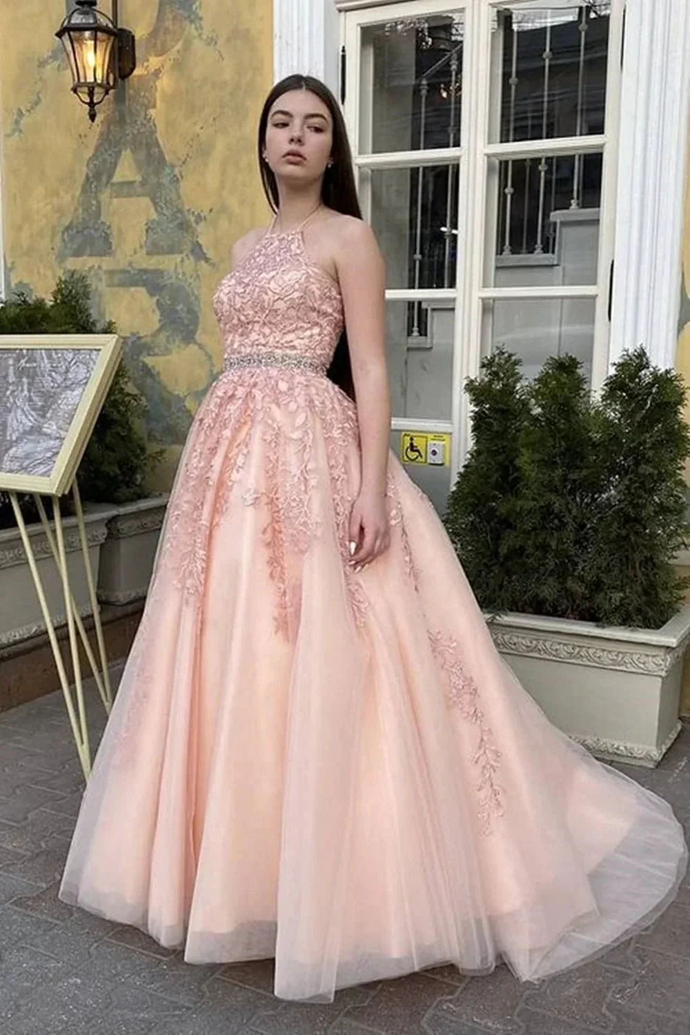Long A-line Halter Backless Tulle Lace Formal Prom Dresses - Image 2