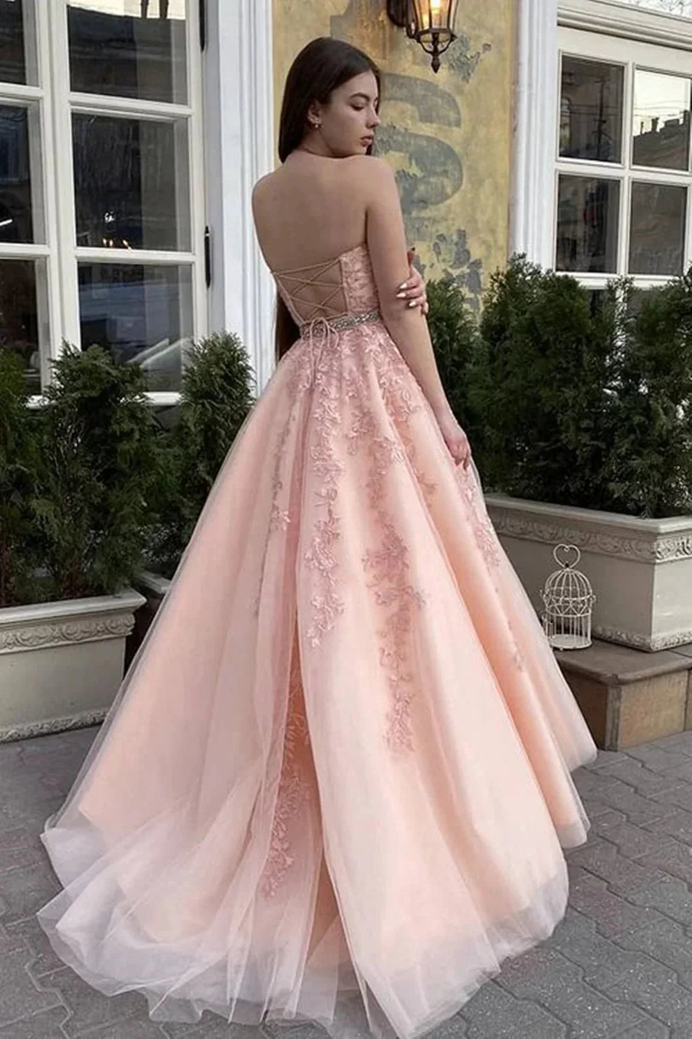 Long A-line Halter Backless Tulle Lace Formal Prom Dresses - Image 3