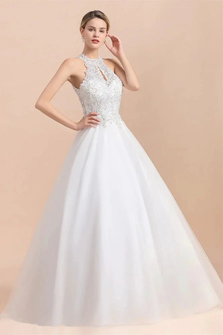 Long A-line Halter Lace Appliques Sequins Sleeveless Wedding Dress - Image 2