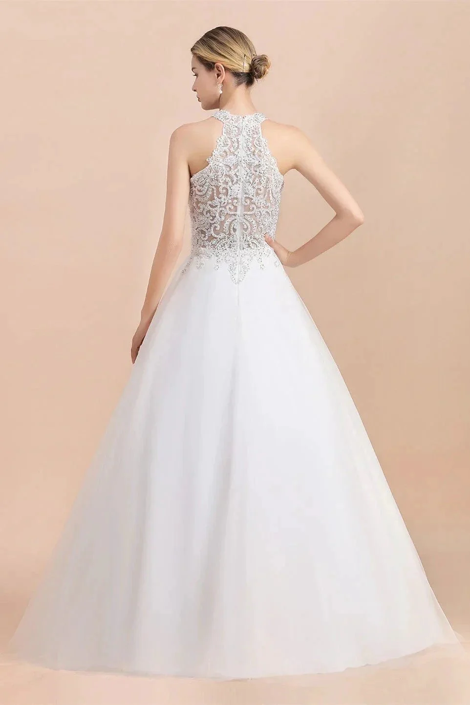 Long A-line Halter Lace Appliques Sequins Sleeveless Wedding Dress - Image 3
