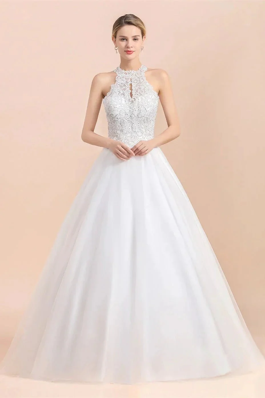 Long A-line Halter Lace Appliques Sequins Sleeveless Wedding Dress - Image 4