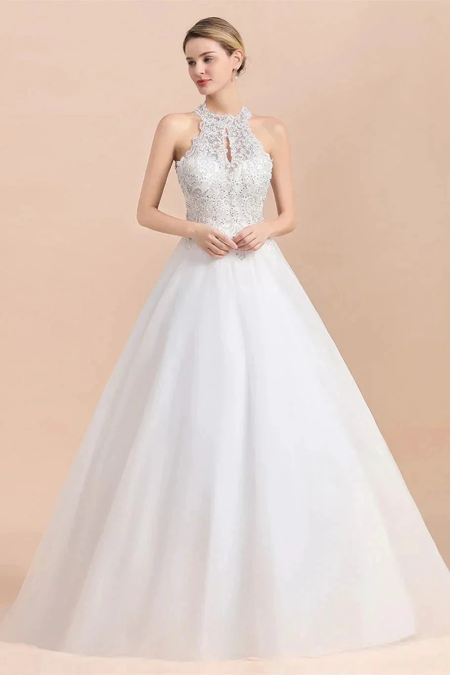 Long A-line Halter Lace Appliques Sequins Sleeveless Wedding Dress - Image 5