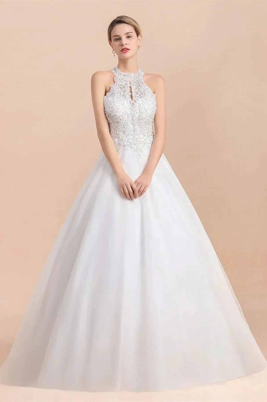 Long A-line Halter Lace Appliques Sequins Sleeveless Wedding Dress - Image 6