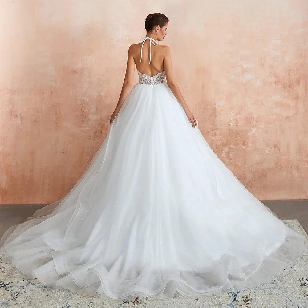 Long A-line Halter Open Back Appliques Tulle Wedding Dress - Image 2
