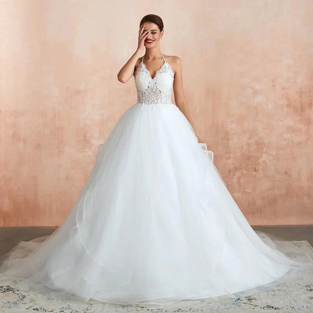 Long A-line Halter Open Back Appliques Tulle Wedding Dress - Image 3