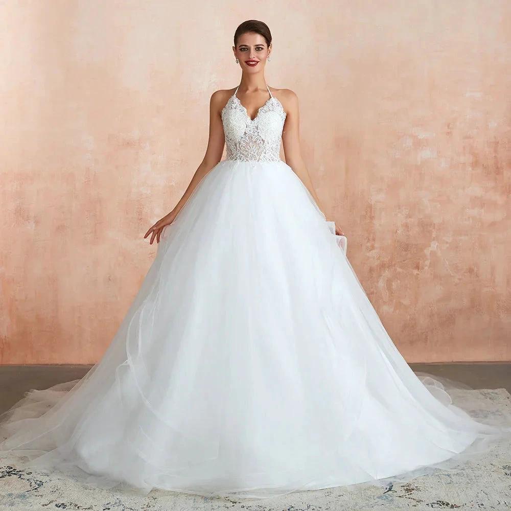 Long A-line Halter Open Back Appliques Tulle Wedding Dress - Image 4