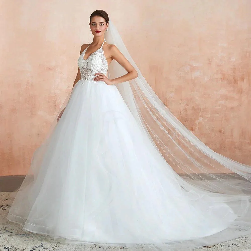 Long A-line Halter Open Back Appliques Tulle Wedding Dress - Image 5