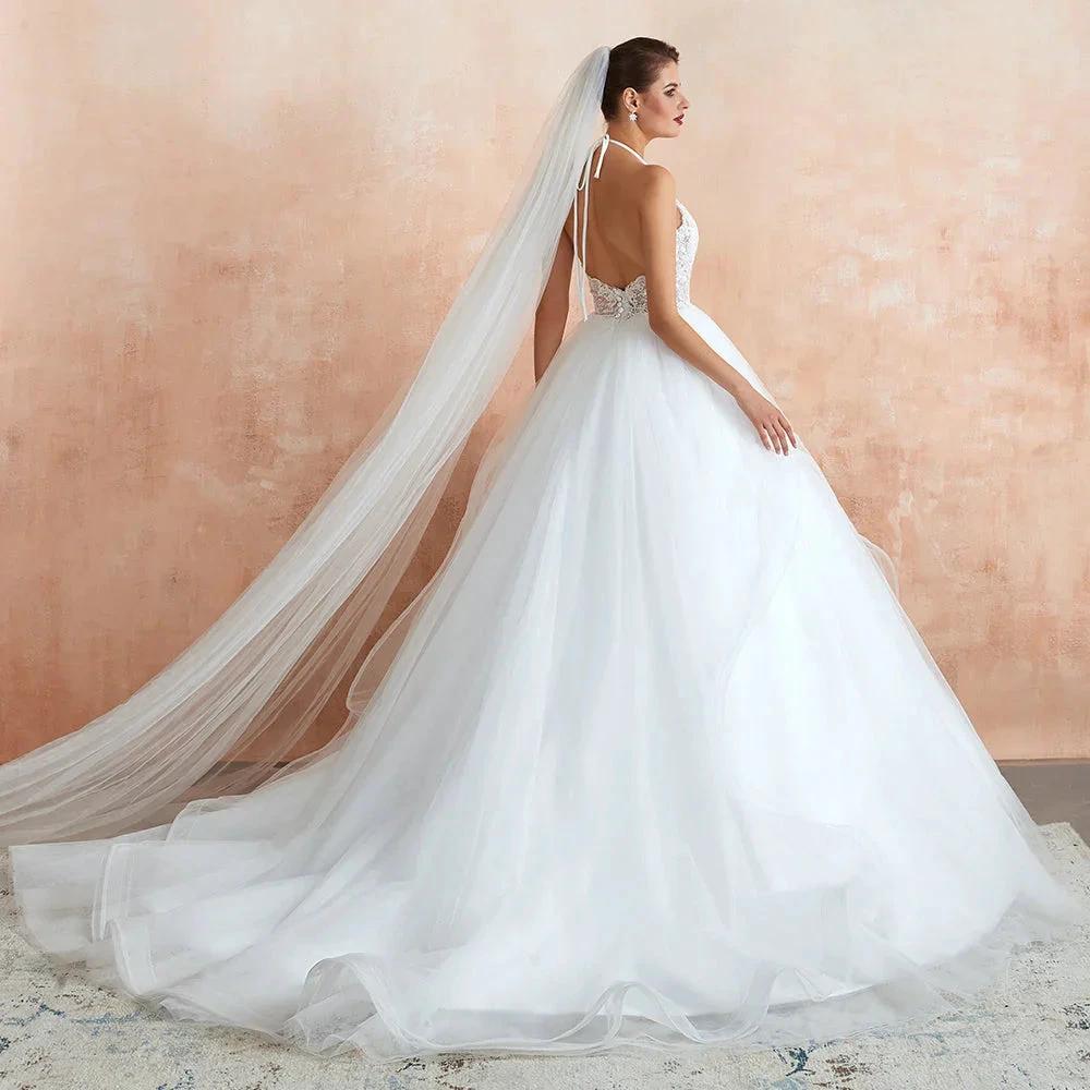 Long A-line Halter Open Back Appliques Tulle Wedding Dress - Image 6