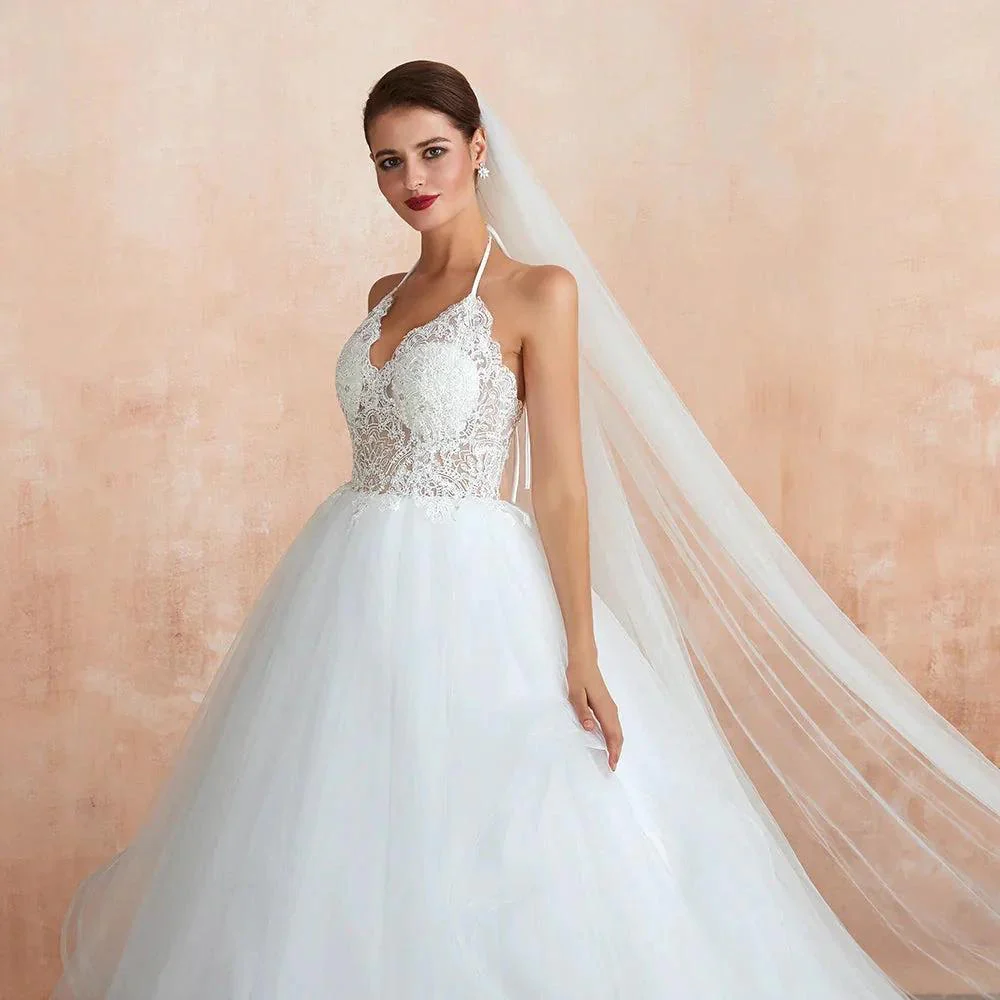 Long A-line Halter Open Back Appliques Tulle Wedding Dress - Image 7