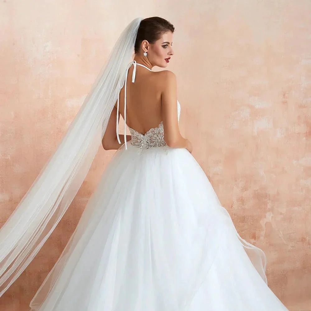 Long A-line Halter Open Back Appliques Tulle Wedding Dress - Image 8
