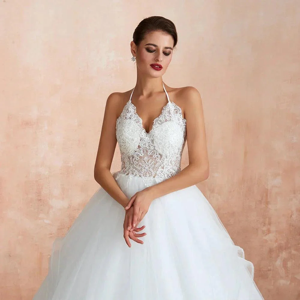 Long A-line Halter Open Back Appliques Tulle Wedding Dress - Image 9