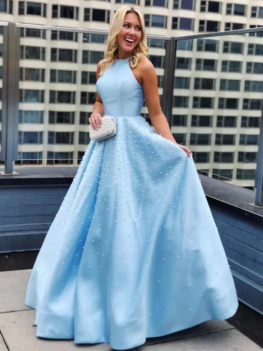 Long A-line Halter Satin Beads Formal Prom Dresses with Pockets - Image 2