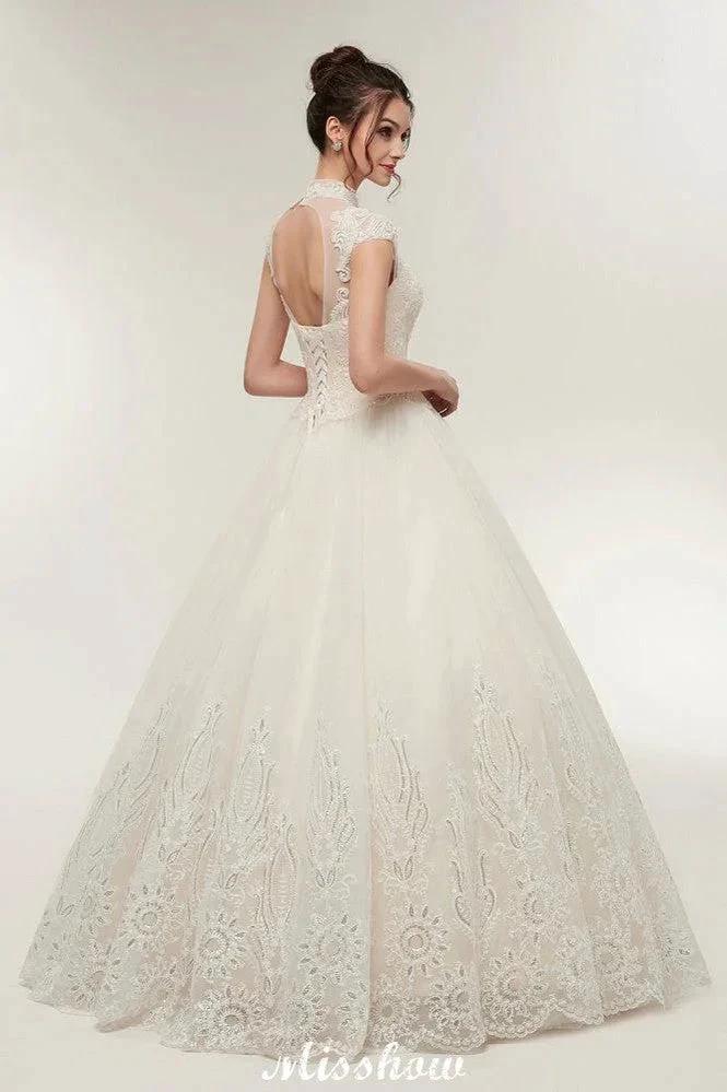 Long A-line High Neck Lace Appliques Short Sleeves Wedding Dresses with Lace-up - Image 10