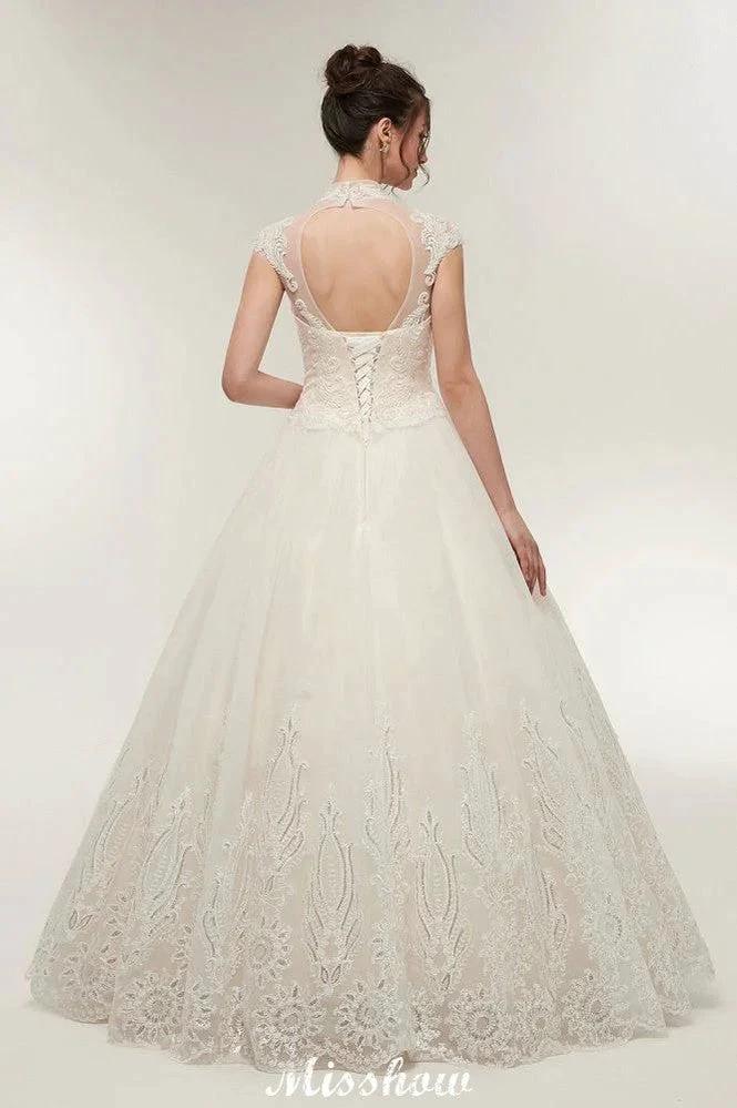 Long A-line High Neck Lace Appliques Short Sleeves Wedding Dresses with Lace-up - Image 2