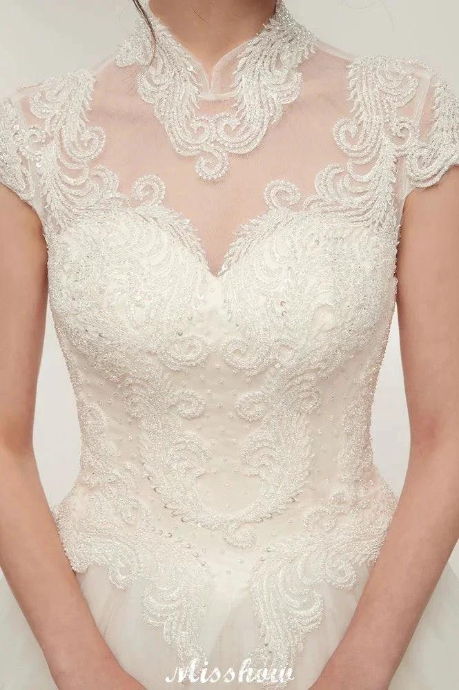 Long A-line High Neck Lace Appliques Short Sleeves Wedding Dresses with Lace-up - Image 3