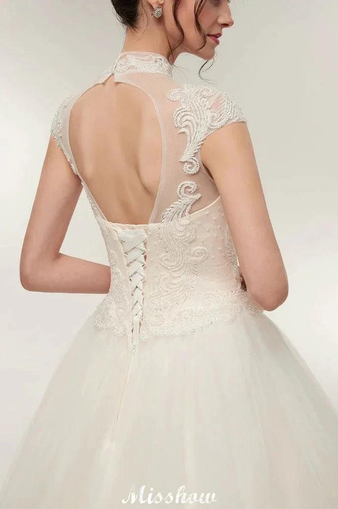 Long A-line High Neck Lace Appliques Short Sleeves Wedding Dresses with Lace-up - Image 4