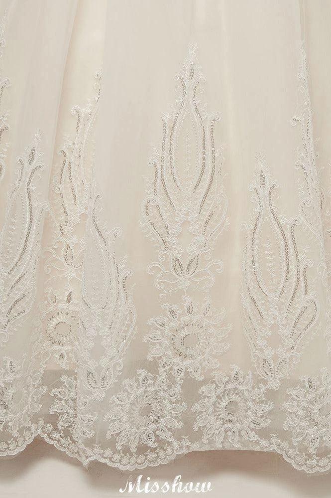 Long A-line High Neck Lace Appliques Short Sleeves Wedding Dresses with Lace-up - Image 5