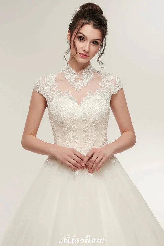 Long A-line High Neck Lace Appliques Short Sleeves Wedding Dresses with Lace-up - Image 6