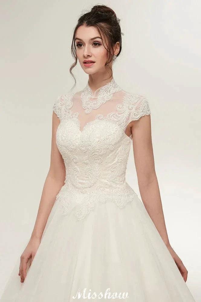 Long A-line High Neck Lace Appliques Short Sleeves Wedding Dresses with Lace-up - Image 7
