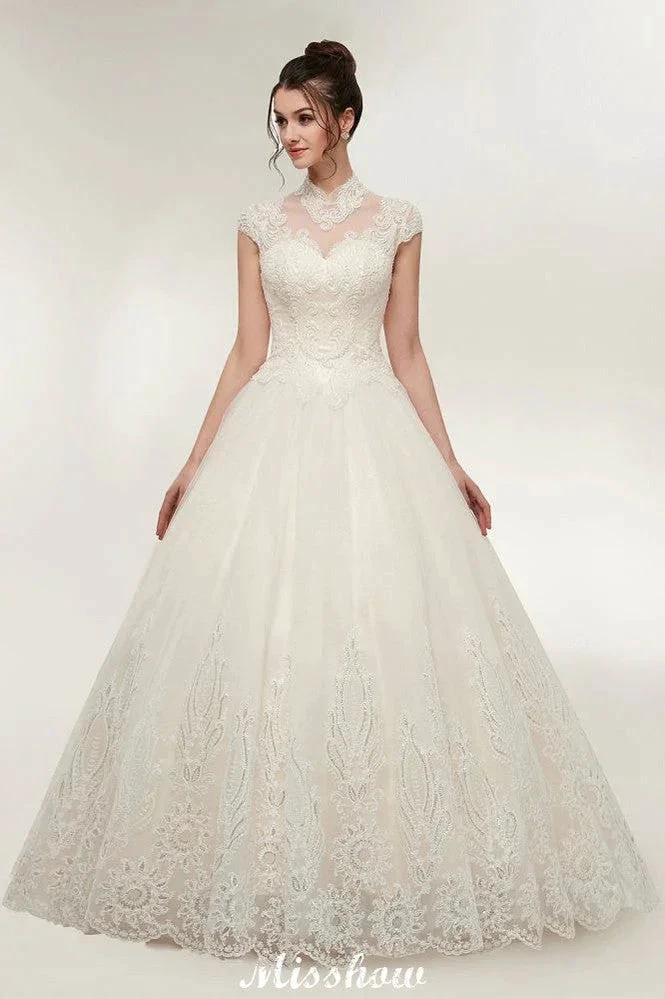 Long A-line High Neck Lace Appliques Short Sleeves Wedding Dresses with Lace-up - Image 8