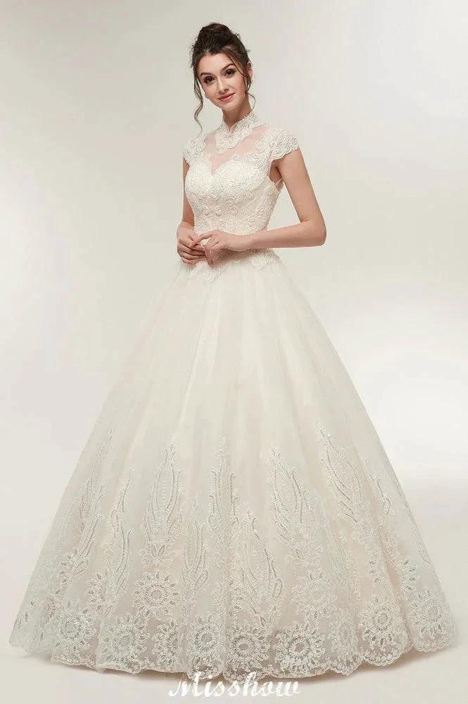 Long A-line High Neck Lace Appliques Short Sleeves Wedding Dresses with Lace-up - Image 9