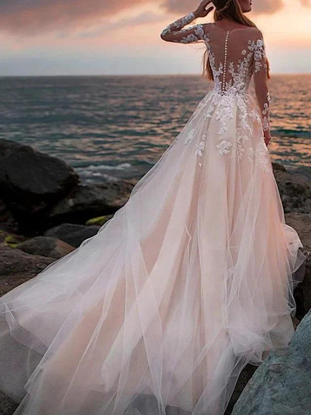 Long A-Line Jewel Neck Court Train Lace Tulle Wedding Dresses with Sleeves - Image 2